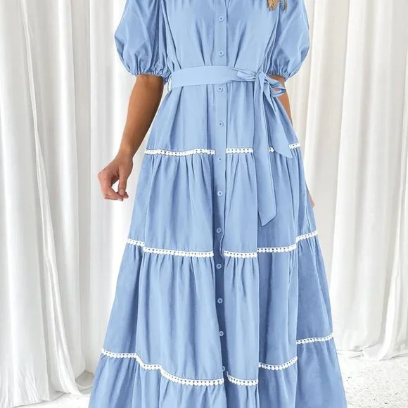 Women's Summer Button Down Maxi Dress Puff Sleeves Tiered Ruffle Flow - Picture 3 of 6